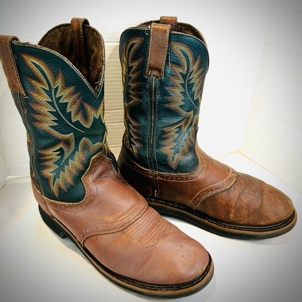 Justin Boots Brown Foot with Teal Embroidered Shaft Cowboy Boots